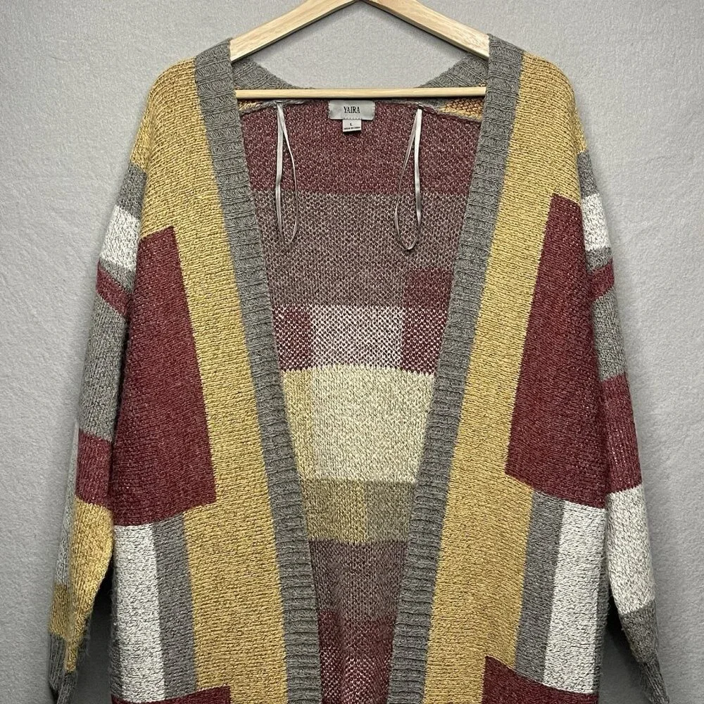 Yaira Open Knit Cardigan Sweater Colorblock Pattern Long L - Picture 2 of 9